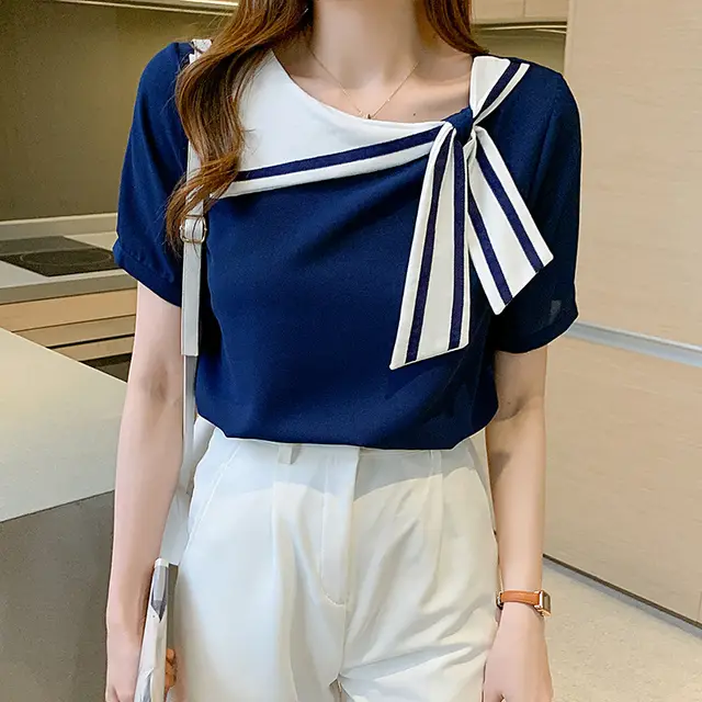 Niche Sweet Bow Chiffon Top Blue - Shop at LoveMi