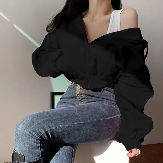 Temperament Leisure Versatile Zipper Women's Hooded Loose Short Sweatshirt Black - Shop at LoveMi