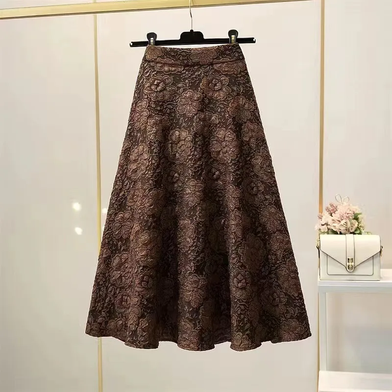High Waist Hollow out Floral Large Swing Umbrella Skirt Brown - Shop at LoveMi