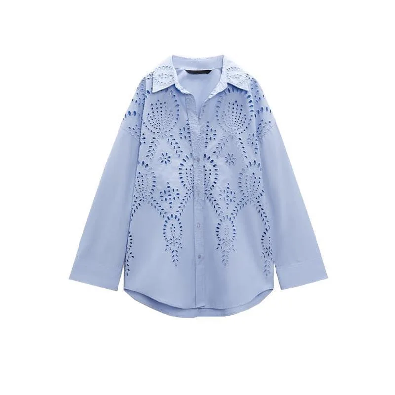Long Sleeve Lapel Versatile Casual Top Hollow Embroidery Loose Shirt Sky Blue - Shop at LoveMi