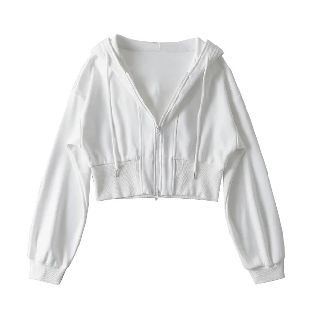 Women's Shoulder Hooded Double Zipper Sweater White - Shop at LoveMi