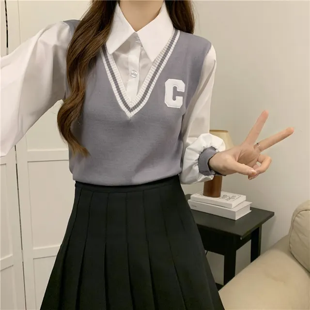 College Style Vest Autumn Outer Wear Knitted Sweater For Women Gray - Shop at LoveMi