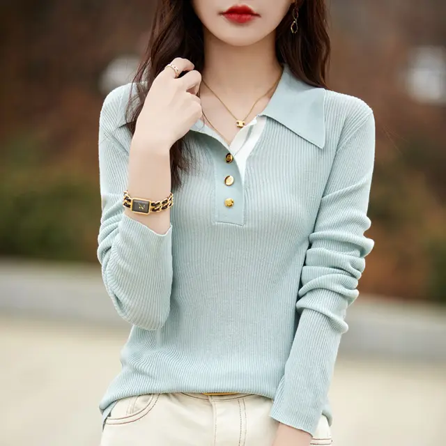 Spring Color Stitching Turnover Neck Design Women's Tencel Sweater Gray Blue - Shop at LoveMi