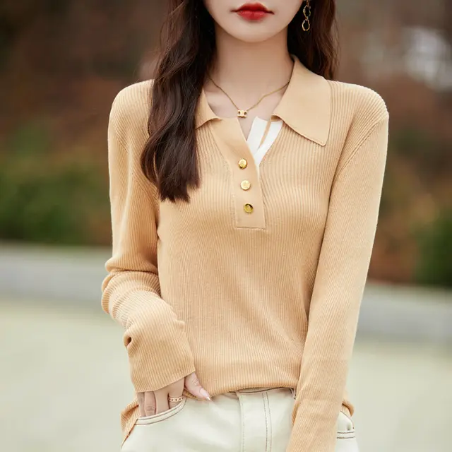 Spring Color Stitching Turnover Neck Design Women's Tencel Sweater Khaki - Shop at LoveMi