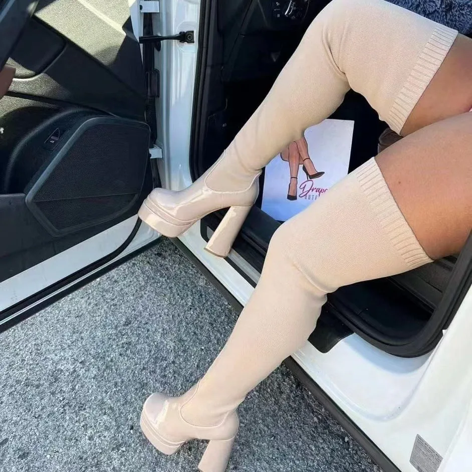 Wool Autumn And Winter New Round Head Chunky Heel Over The Knee Boots Women Beige - Shop at LoveMi