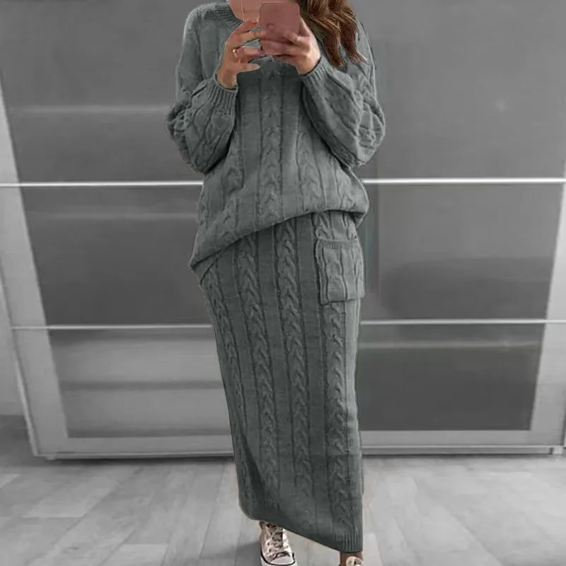 Fashion Twist Flower Needle Sweater Suit Skirt Women - Dark Gray - View 1