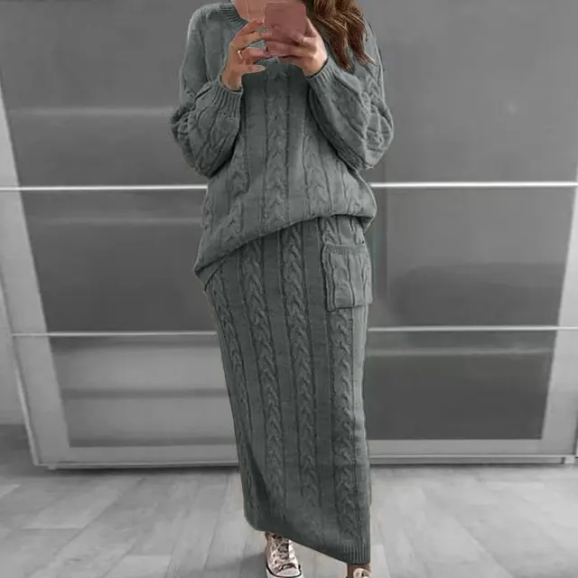 Fashion Twist Flower Needle Sweater Suit Skirt Women Dark Gray - Shop at LoveMi