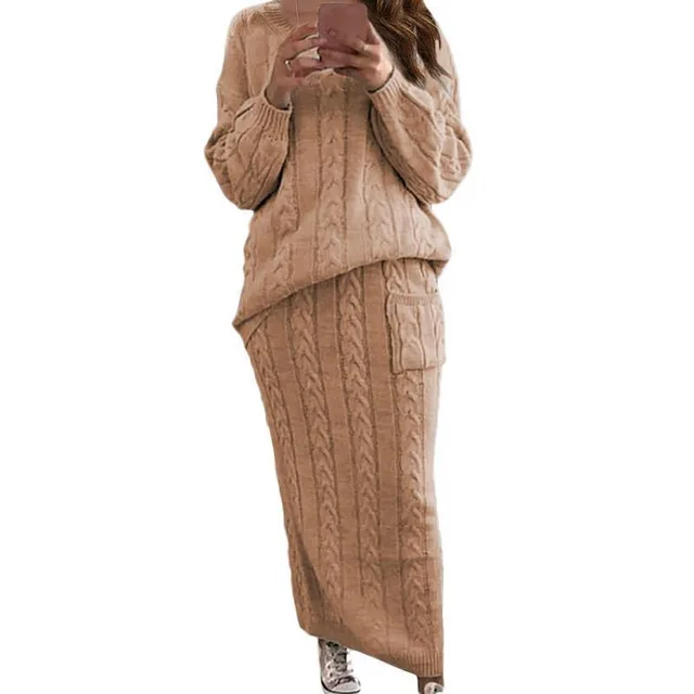 Fashion Twist Flower Needle Sweater Suit Skirt Women Khaki - Shop at LoveMi