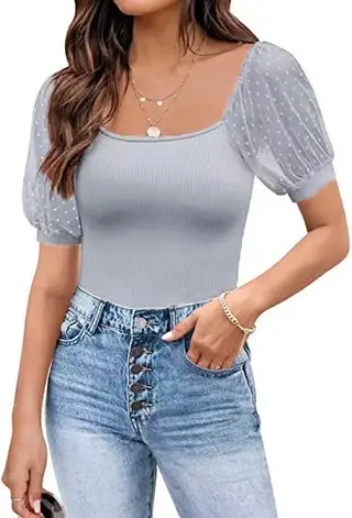 Fashionable See-through Slim Patchwork Short Sleeve - Light Grey