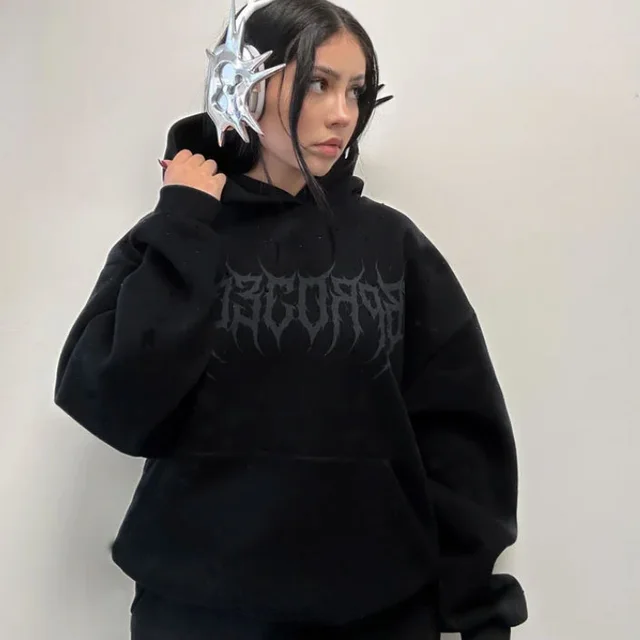 Long Sleeve Couple Sweatshirt Hot Drilling Printed Hoodie Black - Shop at LoveMi