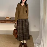 Woolen Preppy Style Retro Plaid Pleated Skirt - Coffee Color