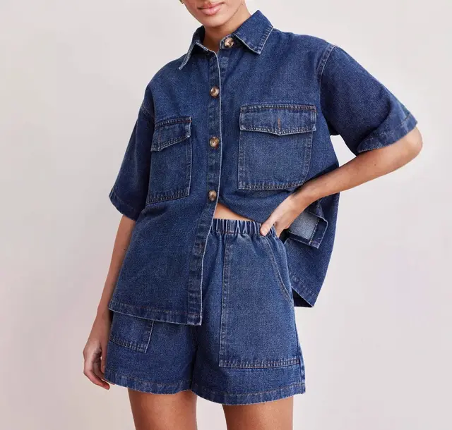 Women's Loose Pockets Short sleeved Shirt Suit Dark Blue - Shop at LoveMi