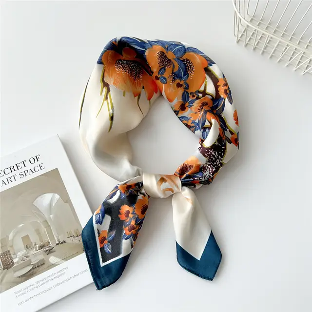 70 Small Square Towel Silk Scarf Women's Spring And Autumn Versatile Small Scarf Professional Scarf Fashion Decorative Scarf Hair Band Tied up Hair... Organge Flower - Shop at LoveMi