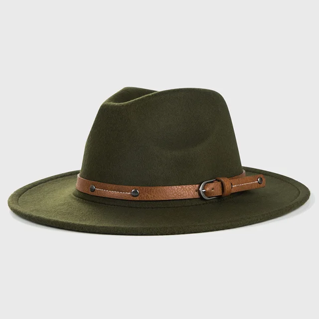 Monochrome Belt Metal Buckle Simple Big Brim Jazz Cowboy Hat Army Green - Shop at LoveMi