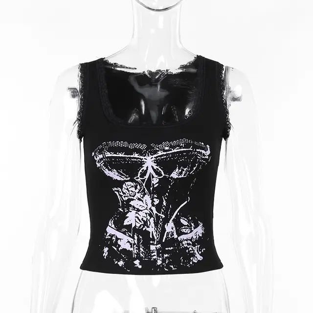 European And American Style Dark Vintage Printed Vest For Women Black - Shop at LoveMi