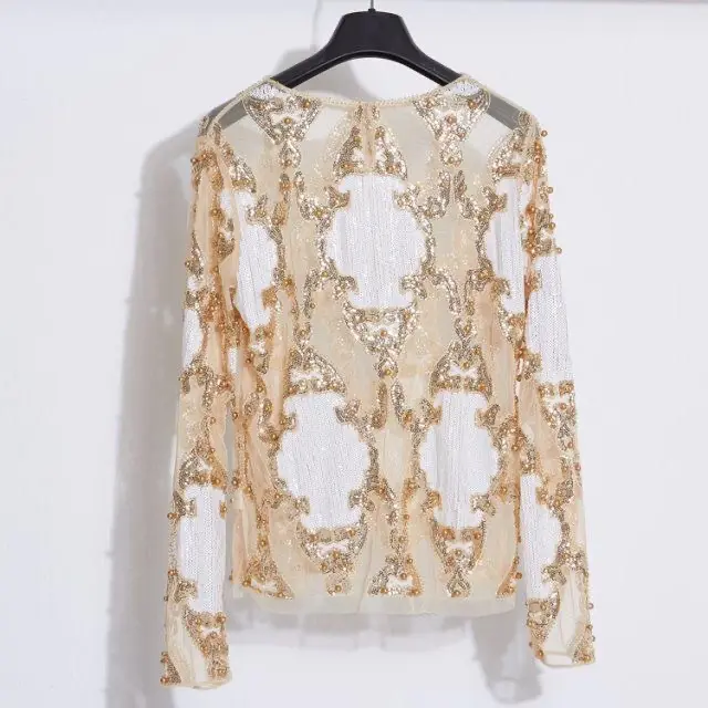 Beaded Embroidered Sequins Slimming Long Sleeve Pullover Top Women Apricot - Shop at LoveMi