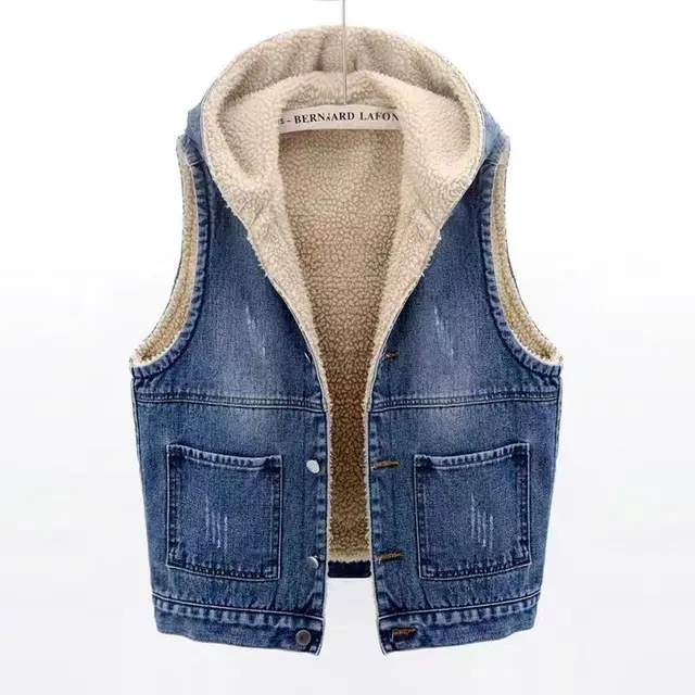 New Denim Vest Fleece lined Thickened Slim Fit Hooded Cotton Jacket Warm Top Fashion 0426 Blue - Shop at LoveMi