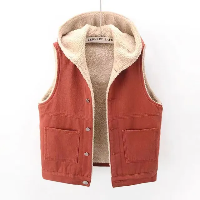 New Denim Vest Fleece lined Thickened Slim Fit Hooded Cotton Jacket Warm Top Fashion 0426 Wine Red - Shop at LoveMi