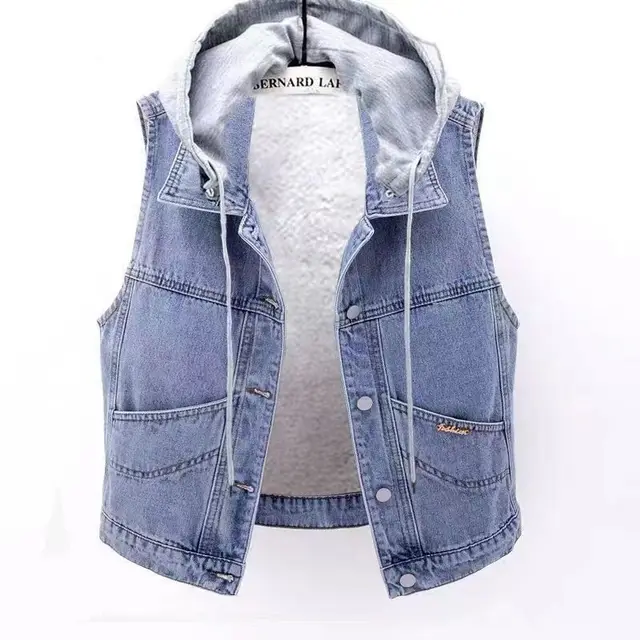 New Denim Vest Fleece lined Thickened Slim Fit Hooded Cotton Jacket Warm Top Fashion 7815 Removable Hat - Shop at LoveMi