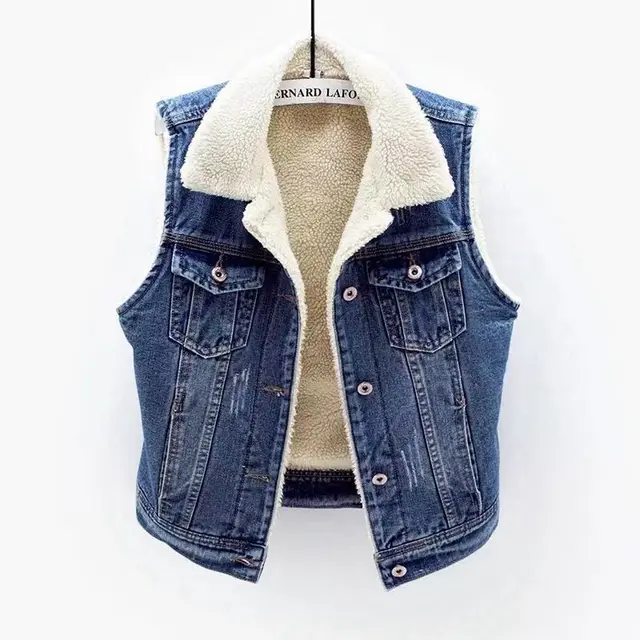 New Denim Vest Fleece lined Thickened Slim Fit Hooded Cotton Jacket Warm Top Fashion Dark 999 - Shop at LoveMi