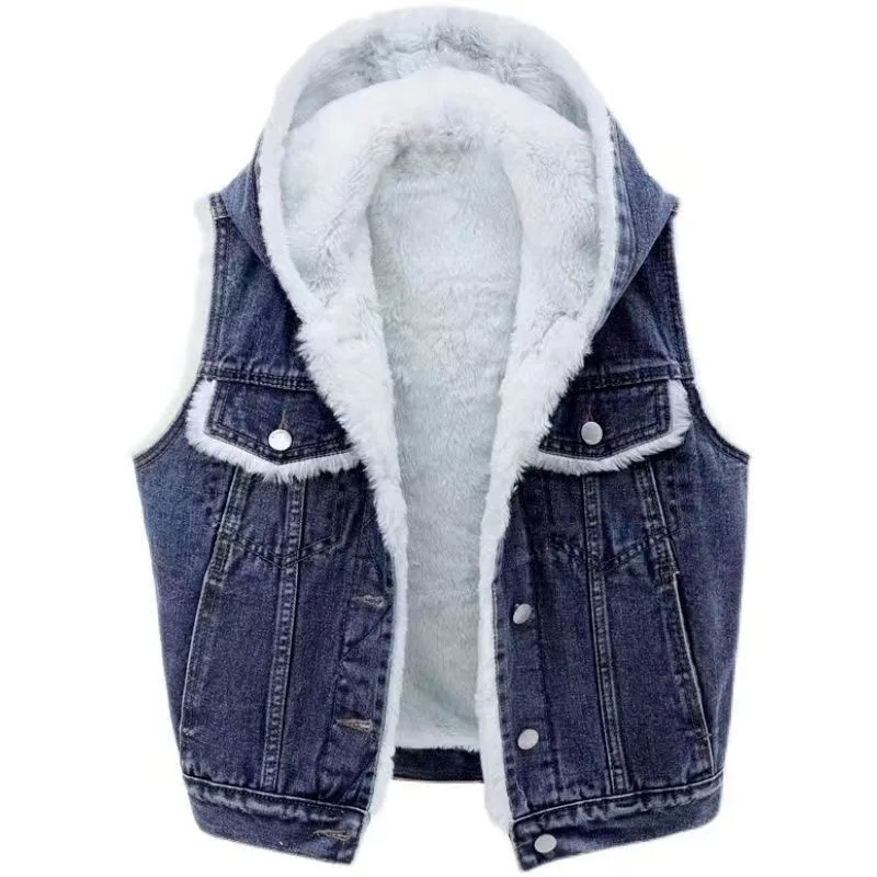New Denim Vest Fleece lined Thickened Slim Fit Hooded Cotton Jacket Warm Top Fashion Dark Blue 0527 - Shop at LoveMi