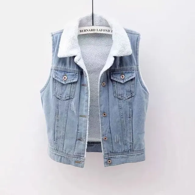 New Denim Vest Fleece lined Thickened Slim Fit Hooded Cotton Jacket Warm Top Fashion Light Color 999 - Shop at LoveMi