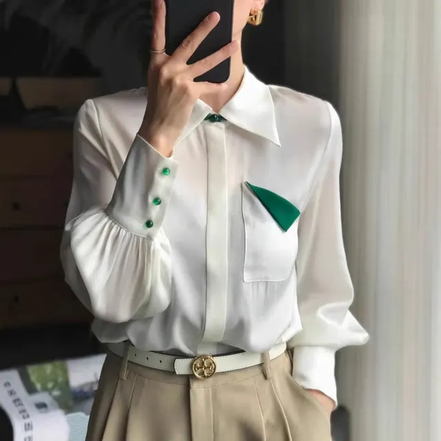 Elegant Jade Buckle Silk Shirt White - Shop at LoveMi