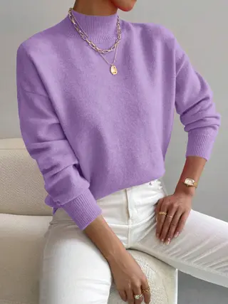 Autumn And Winter Half-high Collar Pullover Women's Fashion Solid Color Loose Knitted Top - Light Purple