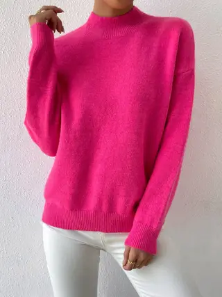Autumn And Winter Half-high Collar Pullover Women's Fashion Solid Color Loose Knitted Top - Rose Red