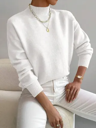 Autumn And Winter Half-high Collar Pullover Women's Fashion Solid Color Loose Knitted Top - White