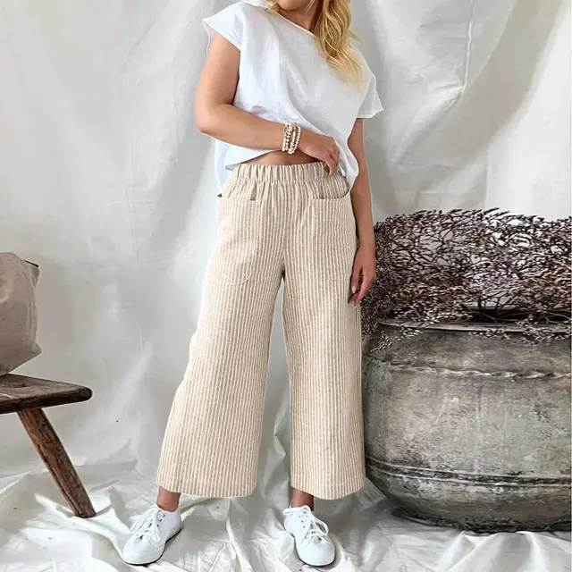Loose Striped Cotton And Linen Fashion Casual Wide leg Pants Apricot - Shop at LoveMi