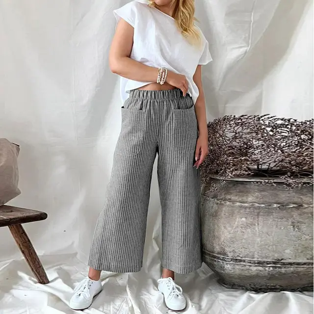 Loose Striped Cotton And Linen Fashion Casual Wide leg Pants Black - Shop at LoveMi