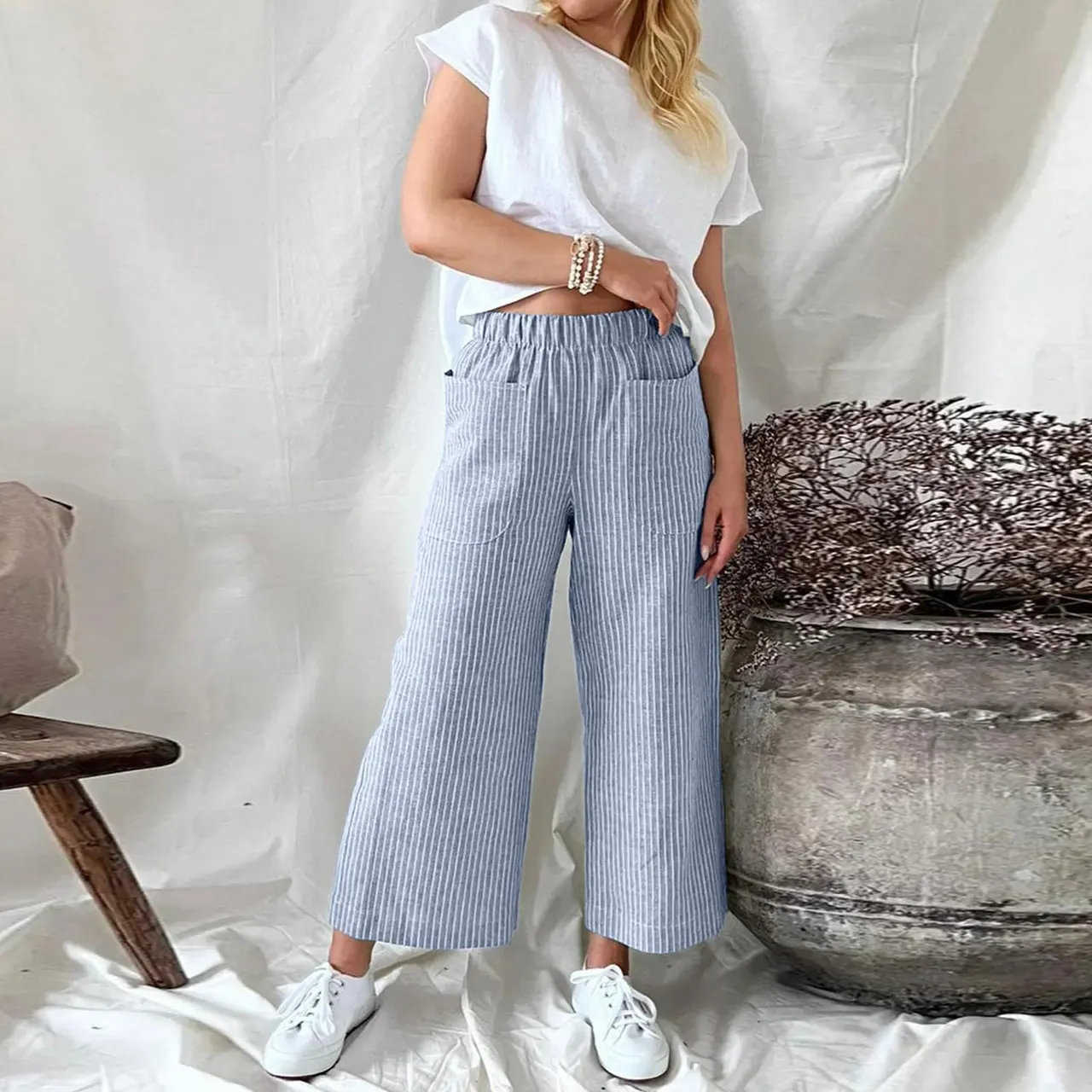 Loose Striped Cotton And Linen Fashion Casual Wide-leg Pants - Blue