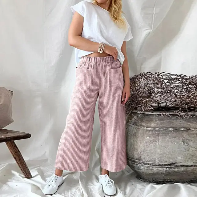 Loose Striped Cotton And Linen Fashion Casual Wide leg Pants Pink - Shop at LoveMi
