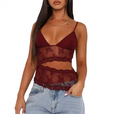 Lace Stitched Backless Small Sling Women V Neck Tank Top Underwear Vest Candy Color Bralette Clothes Red - Shop at LoveMi