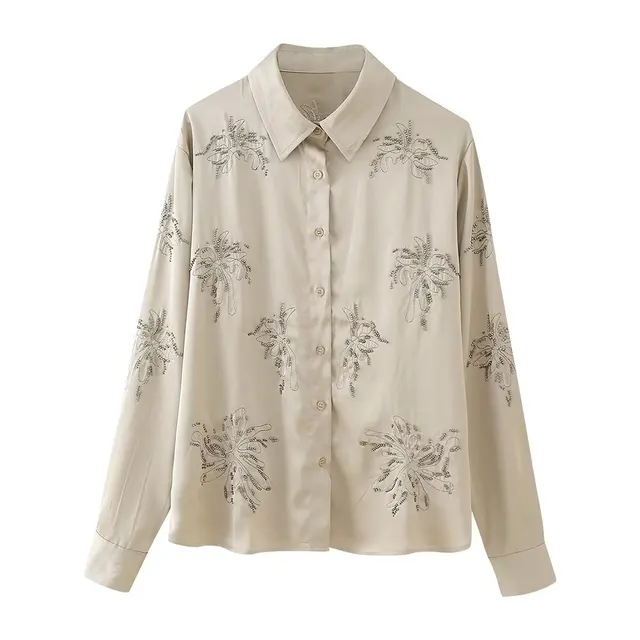 French Fashion Beaded Embroidered Shirts High Waist Casual Trousers Sets Apricot Shirt - Shop at LoveMi