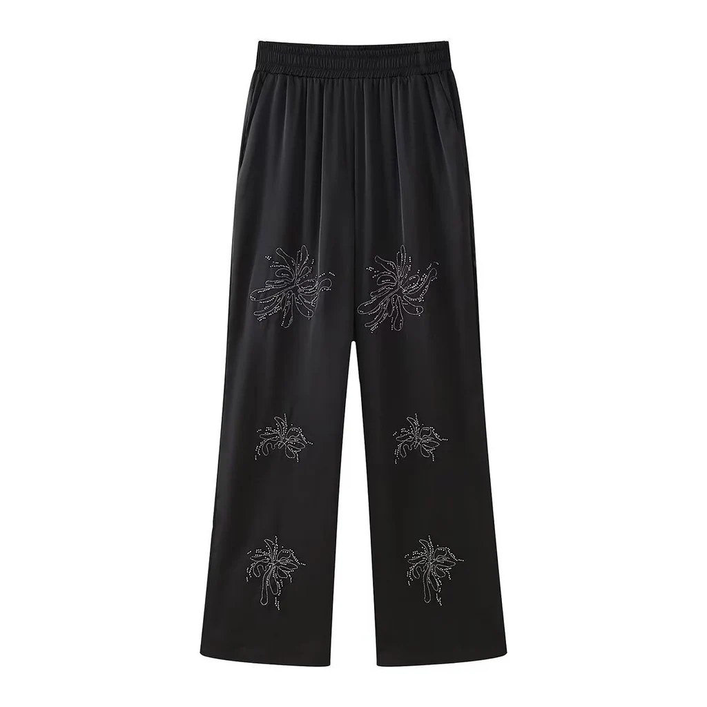 French Fashion Beaded Embroidered Shirts High Waist Casual Trousers Sets - Black Pants