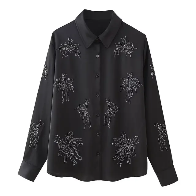 French Fashion Beaded Embroidered Shirts High Waist Casual Trousers Sets Black Shirt - Shop at LoveMi
