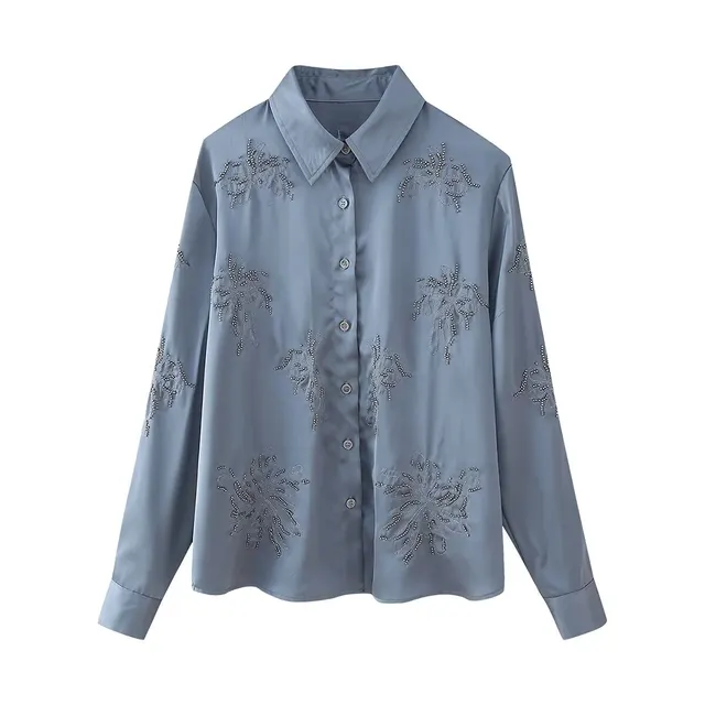 French Fashion Beaded Embroidered Shirts High Waist Casual Trousers Sets Blue Shirt - Shop at LoveMi