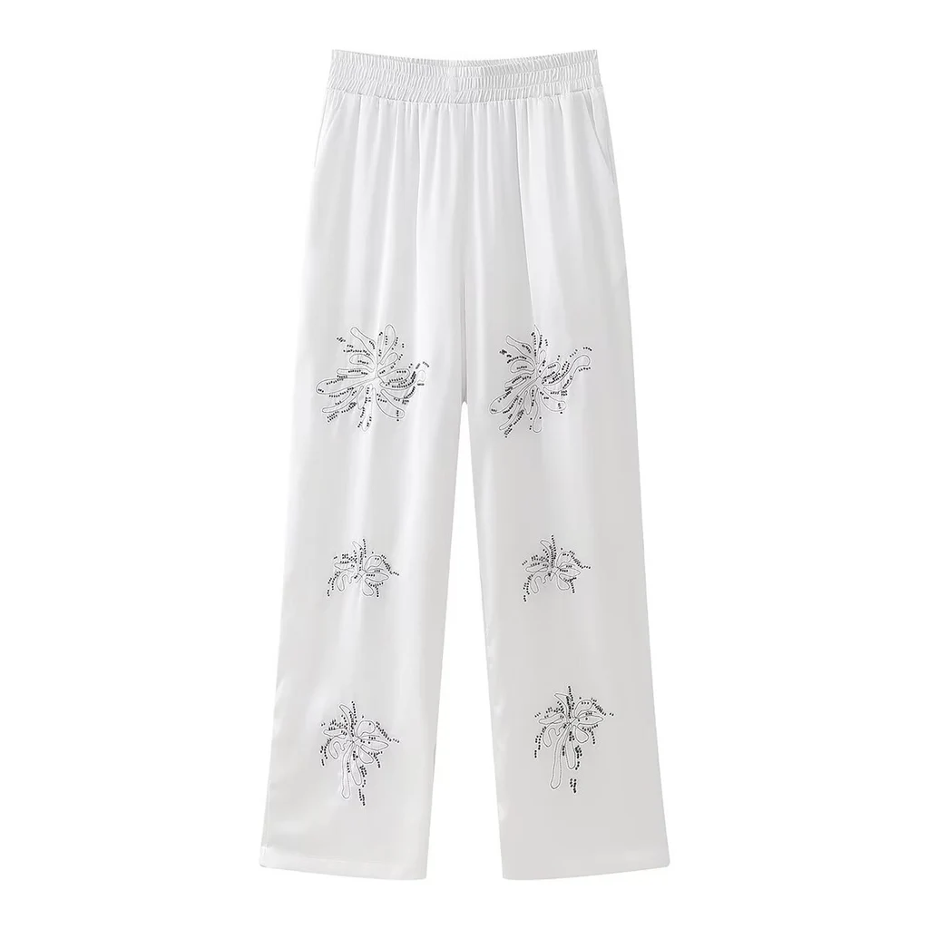 French Fashion Beaded Embroidered Shirts High Waist Casual Trousers Sets - White Pants