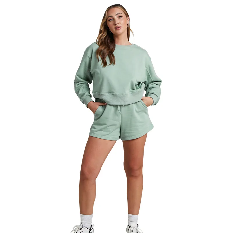Solid Colour Long Sleeve Sweaters Women's Clothing Short Two-piece Set - Green - View 1