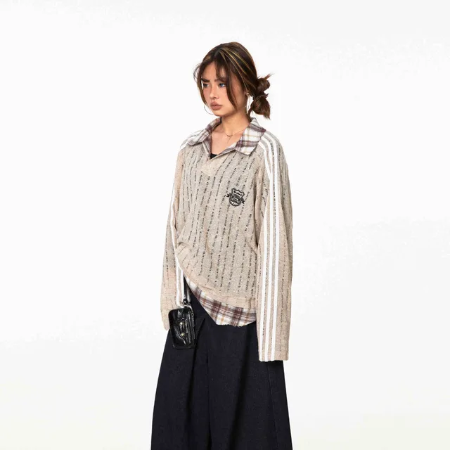Vintage Stripe Stitching Contrast Color Sweatshirt Female Loose Casual Top Coffee - Shop at LoveMi
