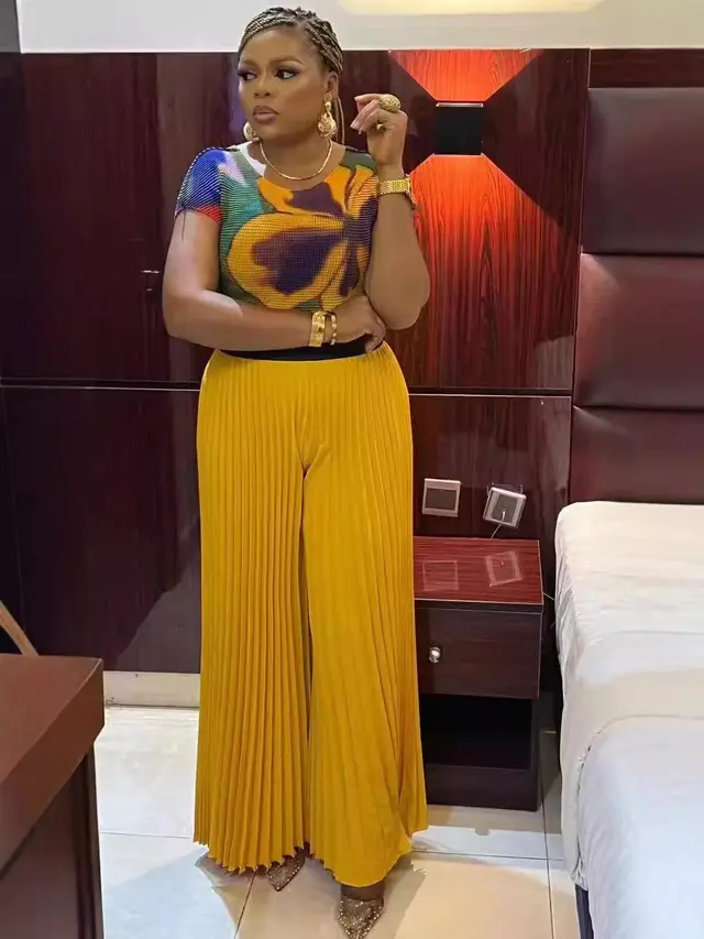 Fashion Plus Size Women Suit Pleated Print Short sleeved Wide leg Pants 3Color - Shop at LoveMi
