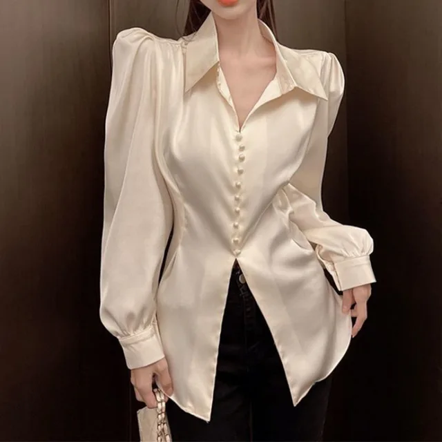 French Style Bow Satin Shirt For Women Apricot - Shop at LoveMi