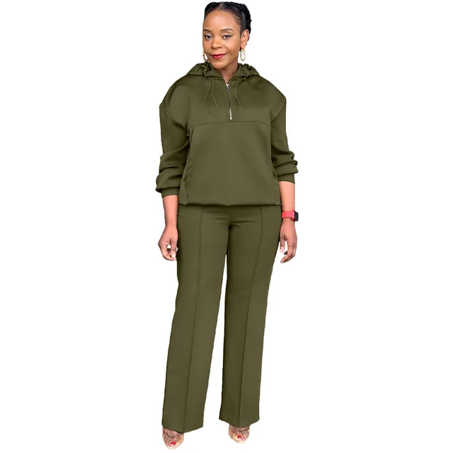 Women's Solid Color Loose Hooded Drawstring Suit Army Green - Shop at LoveMi