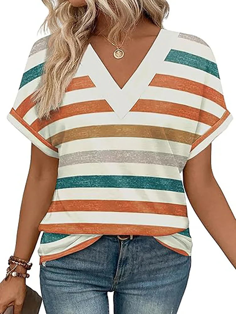 Women's Short Top Batwing Sleeve Shirt - Orange Stripe