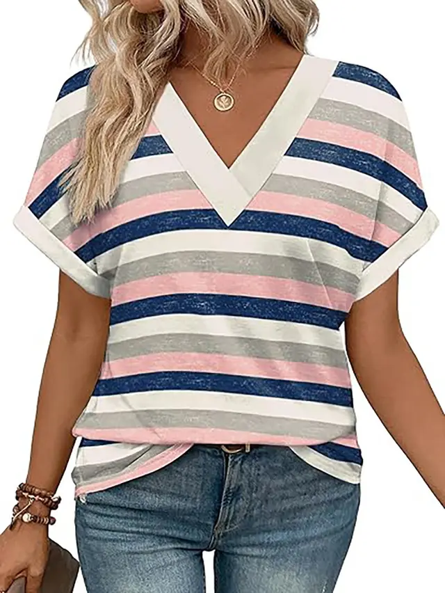 Women's Short Top Batwing Sleeve Shirt Pink Stripes - Shop at LoveMi