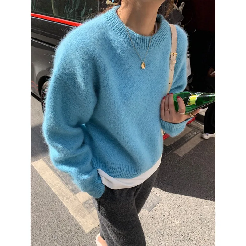 Fashion Retro Loose And Warm Solid Color Pullover Sweater Women - Brown