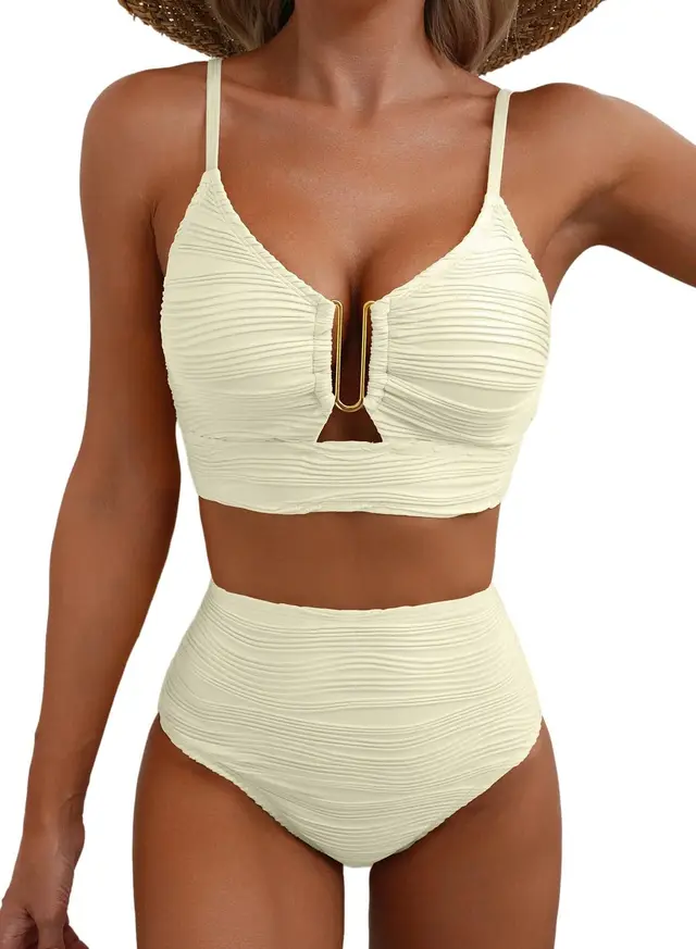 Bikini V neck Hollow Swimsuit High Waist Women Beige - Shop at LoveMi