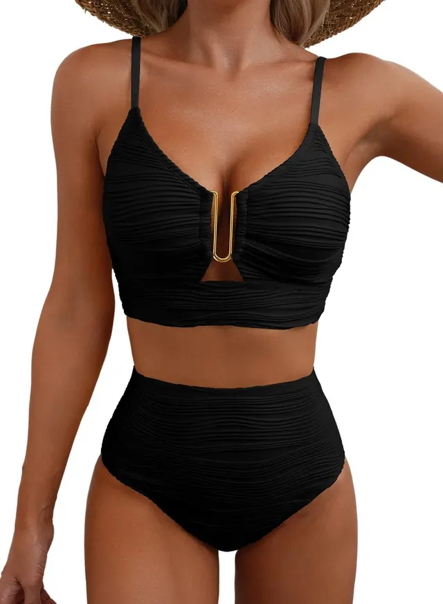Bikini V neck Hollow Swimsuit High Waist Women Black - Shop at LoveMi